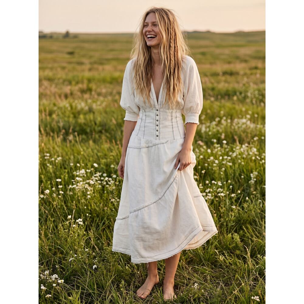 Anthropologie Ethereal Bohemian Linen Corset Midi Shirt Dress White Size Large - Picture 3 of 15